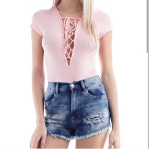 2/$40 Deep Plunging Lace Up Ribbed Bodysuit Light Pink